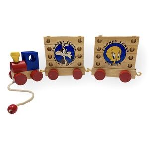 Vintage Looney Tunes Wooden Puzzle Pull Toy Train Set Road Runner Daffy Porky